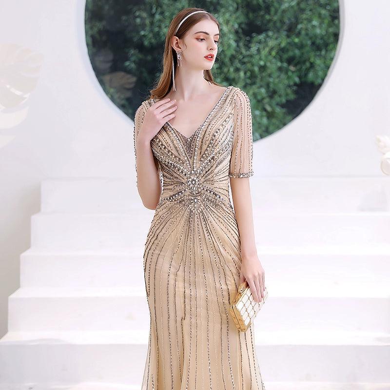 Vestido de noche de sirena para mujer, vestido largo de fiesta con escote en V y vestido formal con cuentas 