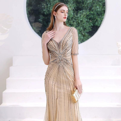 Vestido de noche de sirena para mujer, vestido largo de fiesta con escote en V y vestido formal con cuentas 