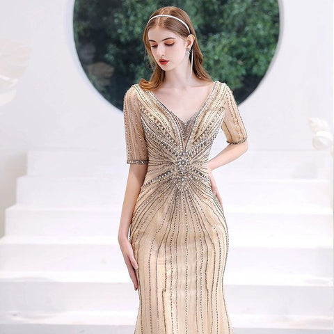Vestido de noche de sirena para mujer, vestido largo de fiesta con escote en V y vestido formal con cuentas 