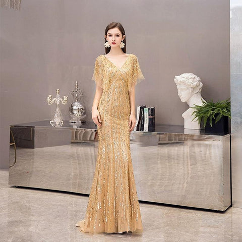 Robe de soirée sirène sexy pour femme, longue robe de soirée à col en V et perles 