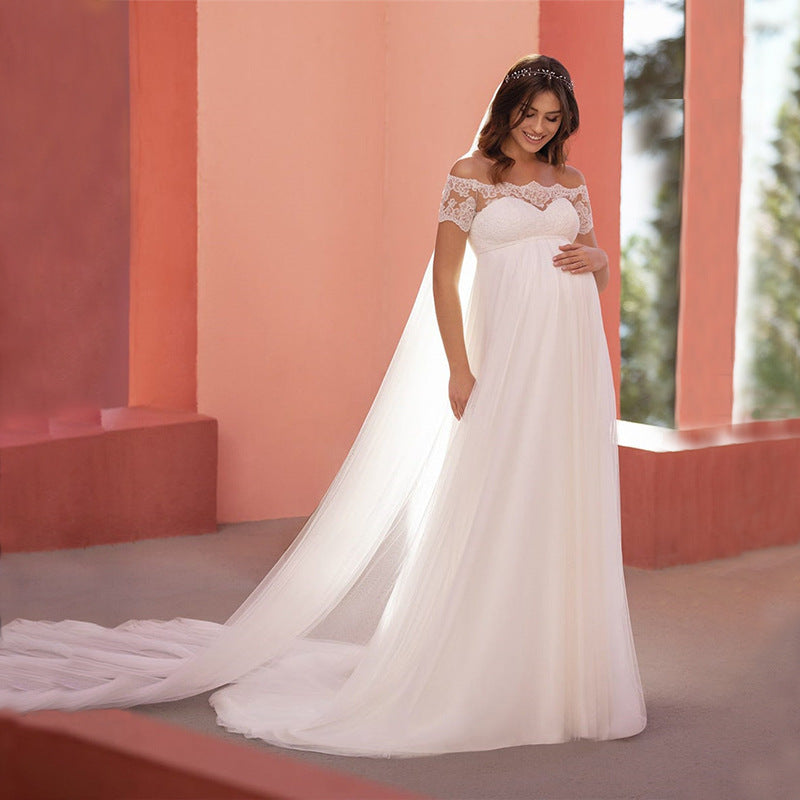 6129#Vestido de novia premamá de encaje de manga corta con cuello de línea y cola de nácar 