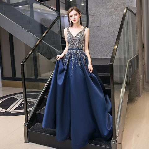 Robe de soirée longue à col en V pour femme, robe de bal perlée 