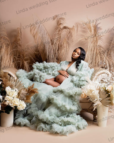 Robe de bal sexy à col en V, volants sur le devant, fente, idéale pour les photos de grossesse, manches taouk, vêtements de maternité à volants