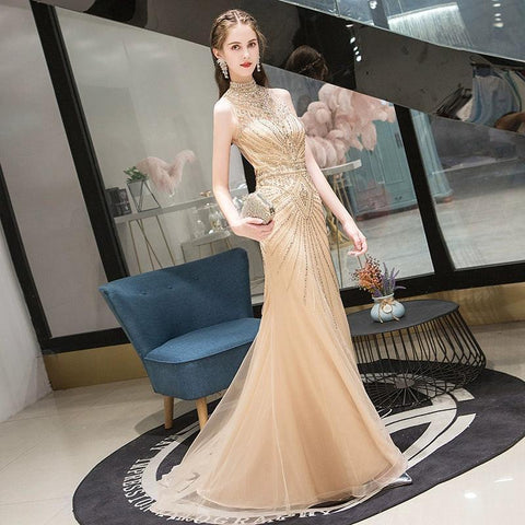 Vestido de noche de sirena para mujer, vestido de fiesta sexy con cuentas, sin mangas, vestido largo formal 