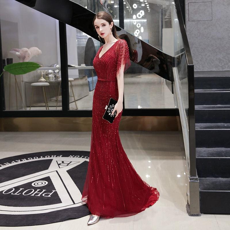 Women's Mermaid Sexy Evening Dress Long V-Neck Formal Dresses Beaded Prom Dresses