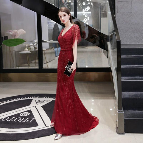 Robe de soirée sirène sexy pour femme, longue, col en V, robe de soirée perlée 