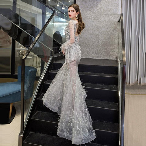 Women's Mermaid Evening Dress Long V-Neck Prom Dresses Beaded Formal Dresses