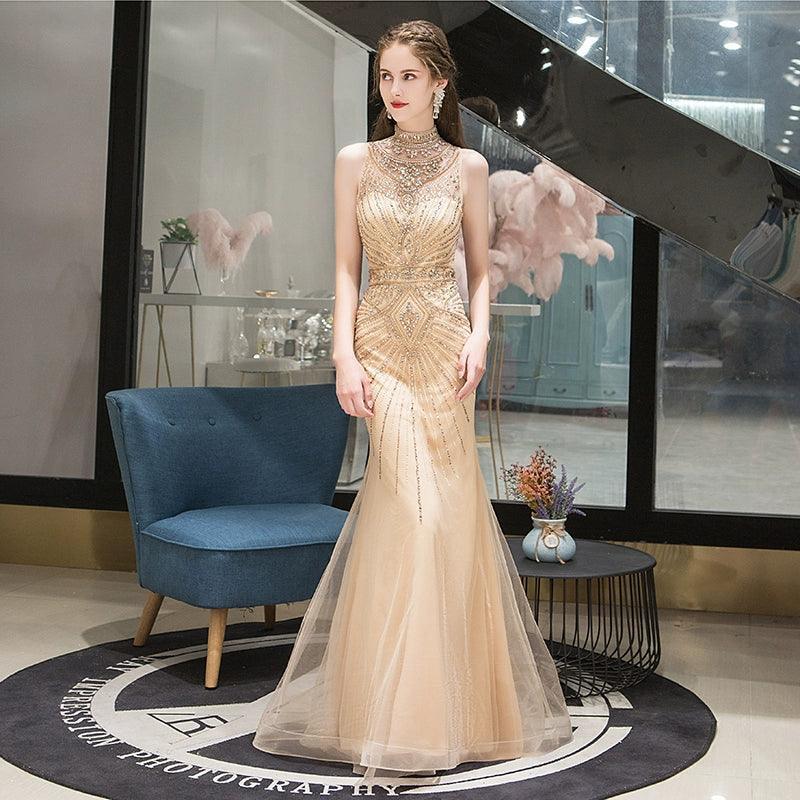 Women's Mermaid Evening Dress Beaded Sexy Prom Dresses Sleeveless Long Formal Dresses