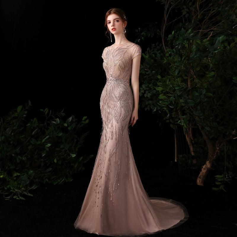 Robe de soirée sirène longue et sexy pour femme, sans manches, avec perles 