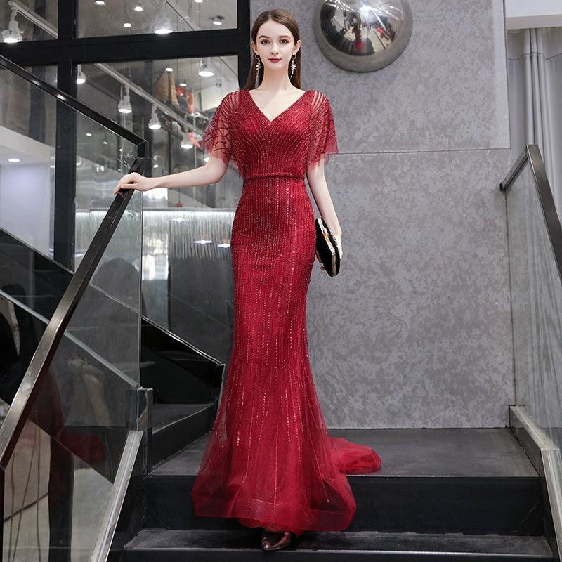 Women's Mermaid Sexy Evening Dress Long V-Neck Formal Dresses Beaded Prom Dresses