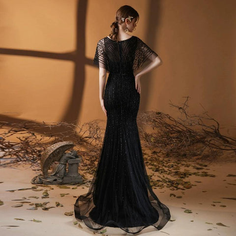 Robe de soirée sirène pour femme, col en V, robe de bal longue perlée 