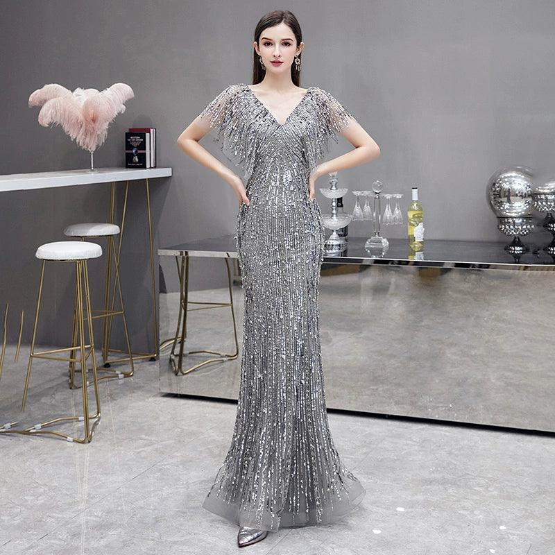 Vestido de noche con escote en V para mujer, vestido sexy de graduación, vestido formal con cuentas para mujer 