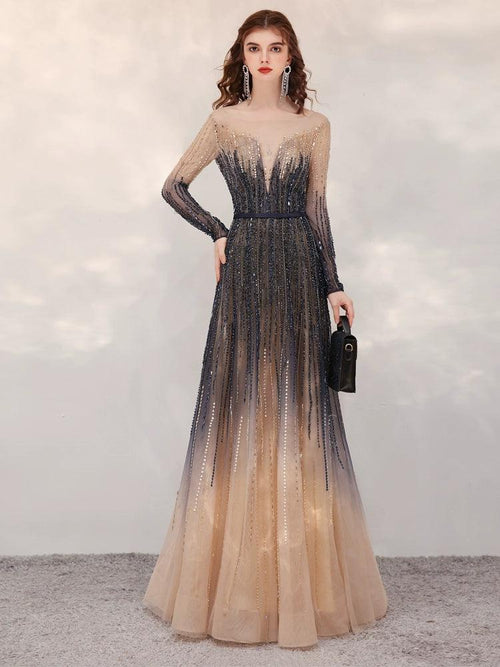 A-Line Prom Dresses Sexy Party Dress Long Sleeve Evening Dress Beaded Formal Dresses for Women