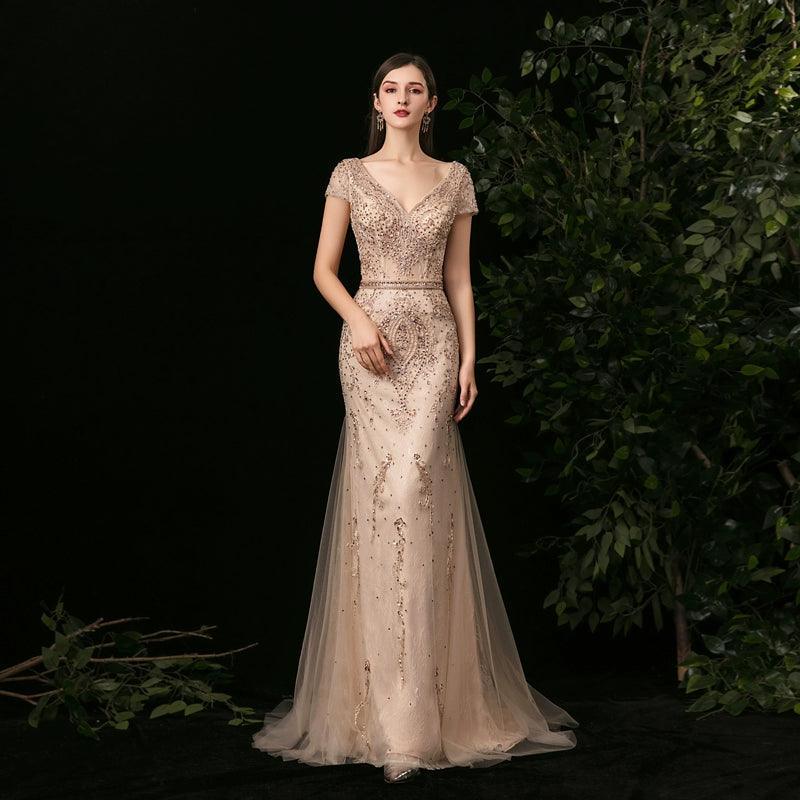 Women's Mermaid Evening Dress Long V-Neck Prom Dresses Beaded Formal Dresses