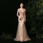 Women's Mermaid Evening Dress Long V-Neck Prom Dresses Beaded Formal Dresses