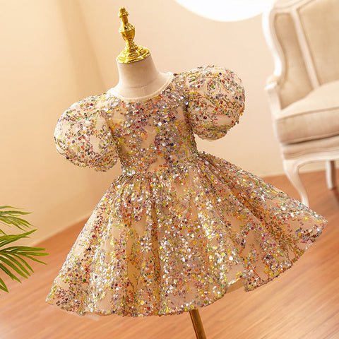 Vestido de fiesta de cumpleaños para bebé niña, de tul y lentejuelas color oro champán 