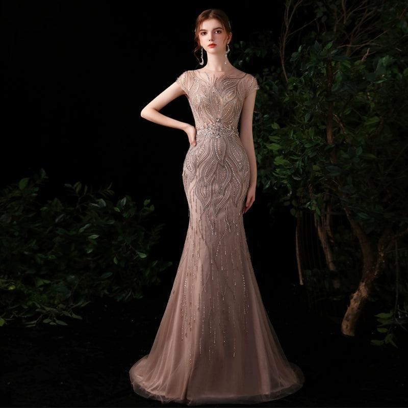 Robe de soirée sirène longue et sexy pour femme, sans manches, avec perles 
