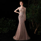 Robe de soirée sirène longue et sexy pour femme, sans manches, avec perles 