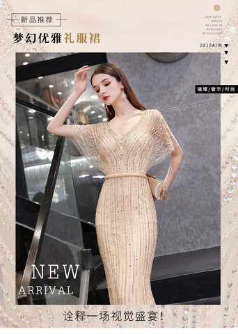 Robe de soirée sirène longue à col en V pour femme, robe de bal perlée 