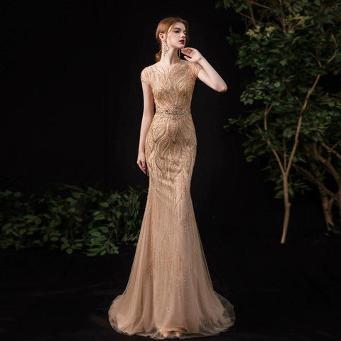 Robe de soirée sirène longue sans manches pour femme, tenue de bal perlée 