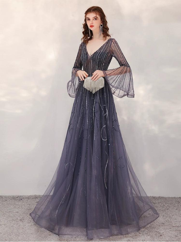 Vestidos de noche de corte A para mujer, vestidos de fiesta sexys, vestidos formales con escote en V y cuentas 