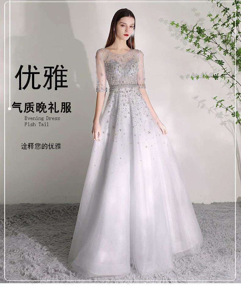 Women's A-Line Evening Dress Beaded Sexy Prom Dresses Half Sleeve Formal Dresses for Women