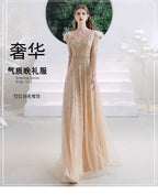 Women's A-Line Evening Dress Sexy Prom Dresses Sleeveless Beaded V-Neck Formal Dresses