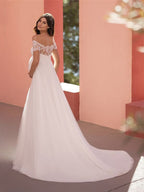 6129#Vestido de novia premamá de encaje de manga corta con cuello de línea y cola de nácar 