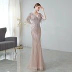 Vestido de noche largo de sirena para mujer, vestido de fiesta largo con escote en V y cuentas. 