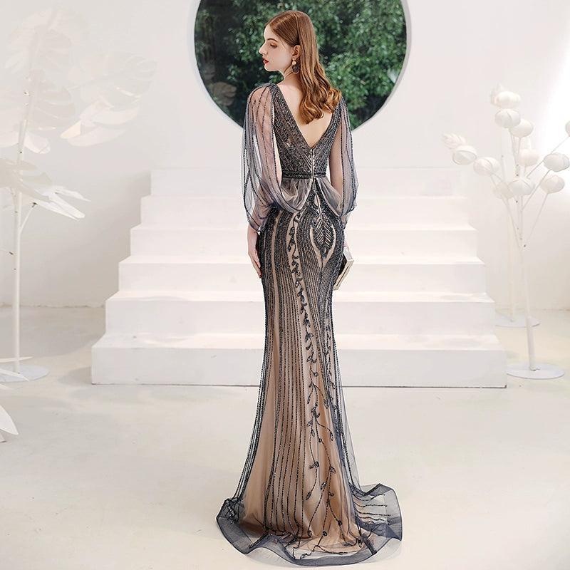 Women's Mermaid Evening Dress Long  Prom Dresses Beaded V-Neck Formal Dresses