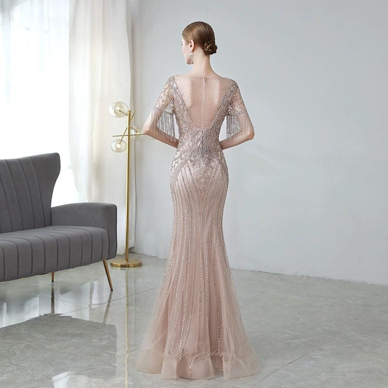 Vestido de noche largo de sirena para mujer, vestido de fiesta largo con escote en V y cuentas. 