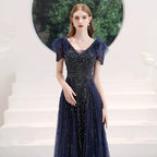 Robe de soirée à col en V, robe de bal sexy, robe de soirée perlée pour femme 