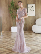 Vestido de noche de sirena para mujer, vestido de fiesta sexy con escote en V, vestido largo formal con cuentas 