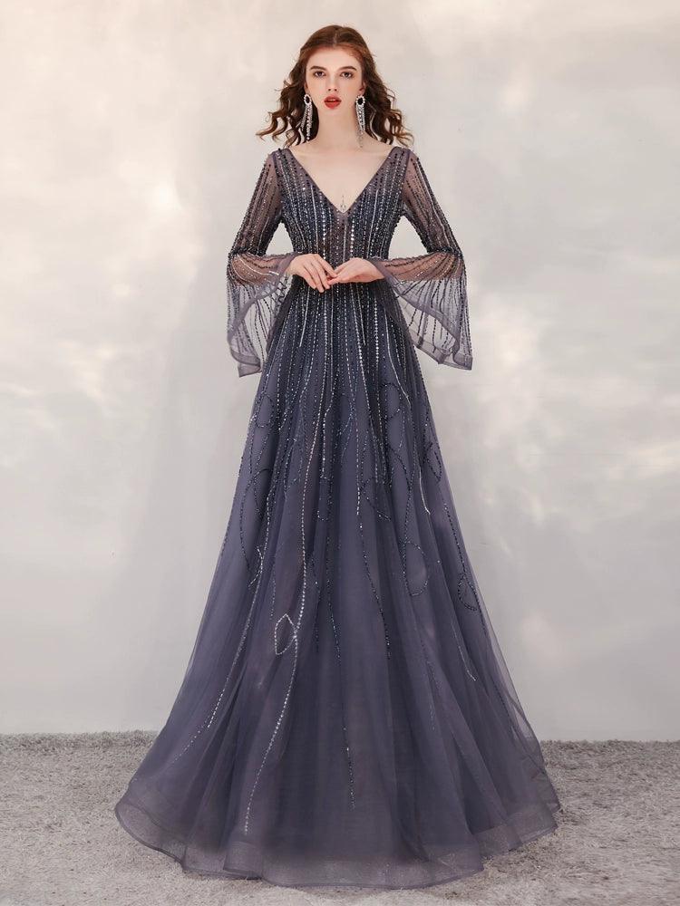 Vestidos de noche de corte A para mujer, vestidos de fiesta sexys, vestidos formales con escote en V y cuentas 