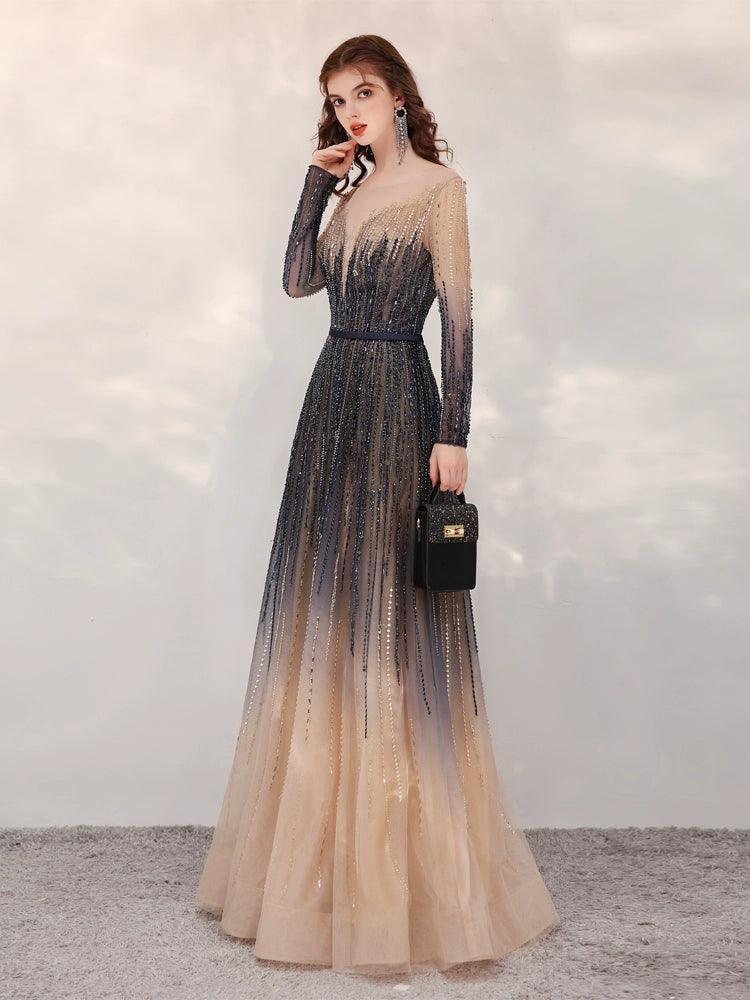 Vestidos de fiesta de corte A, sexys, de manga larga, de noche, con cuentas, formales, para mujer 