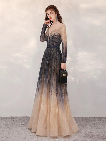 Vestidos de fiesta de corte A, sexys, de manga larga, de noche, con cuentas, formales, para mujer 