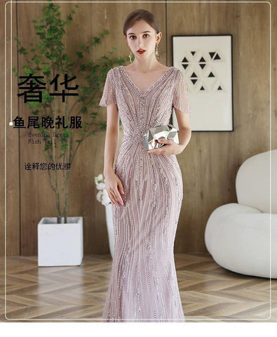 Vestido de noche de sirena para mujer, vestido de fiesta sexy con escote en V, vestido largo formal con cuentas 