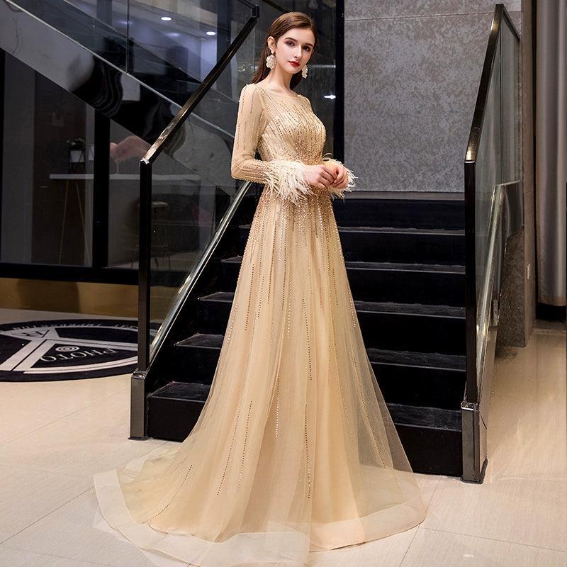 Vestidos de fiesta de manga larga para mujer, vestido de noche sexy de corte A, vestido formal con cuentas para mujer 