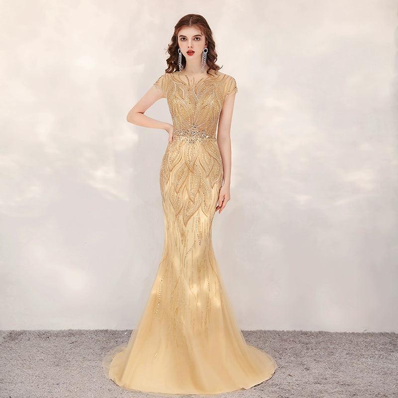 Robe de soirée sirène longue et sexy pour femme, sans manches, avec perles 
