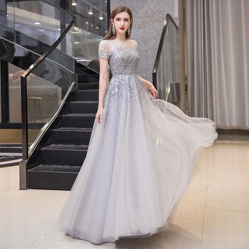 Vestido de noche dorado, elegante y de alta calidad, largo de fiesta. 