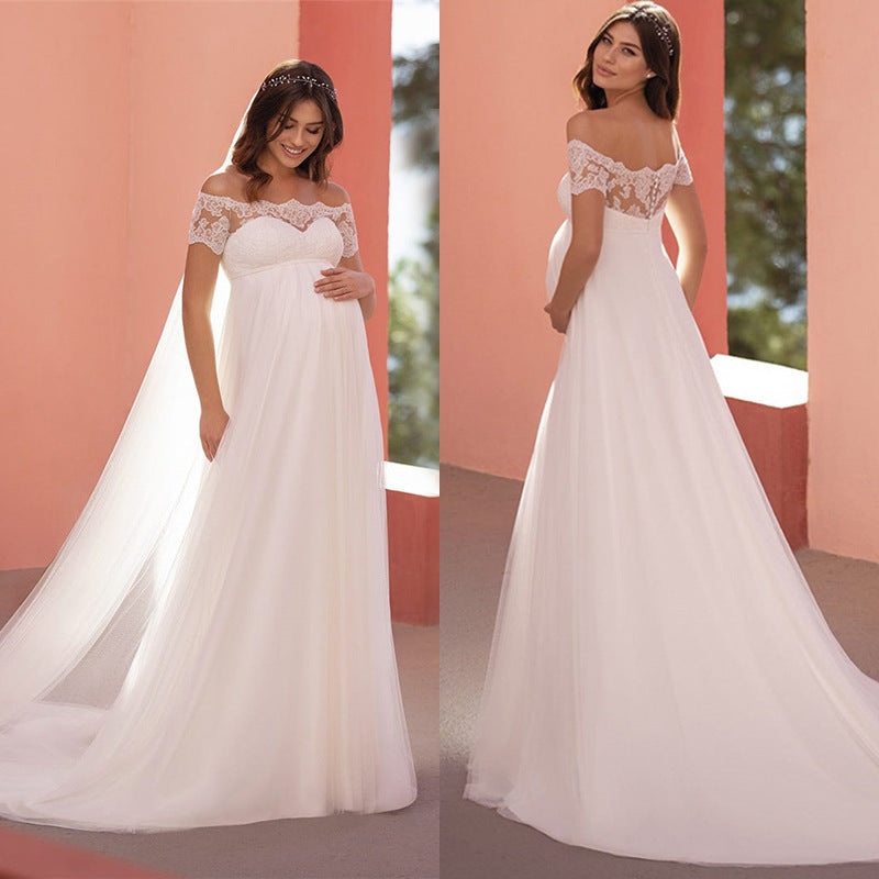 6129#Vestido de novia premamá de encaje de manga corta con cuello de línea y cola de nácar 