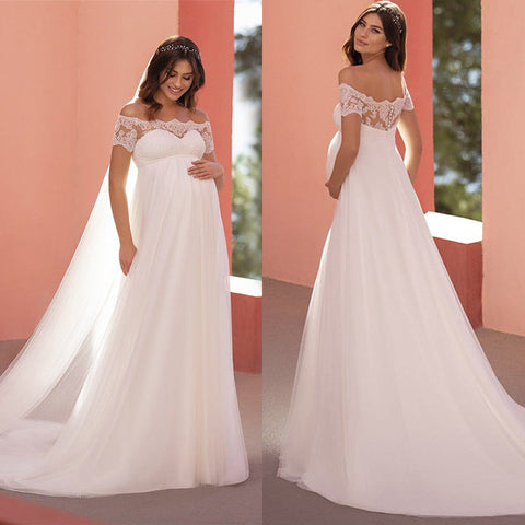 6129#Robe de mariée de maternité à manches courtes en dentelle, col simple et queue de cheval 