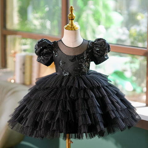 Vestido negro de lentejuelas para fiesta de primer cumpleaños de niña pequeña 
