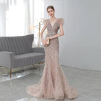 Vestido de noche sexy para mujer, estilo sirena con cuentas, vestido largo de fiesta con escote en V. 