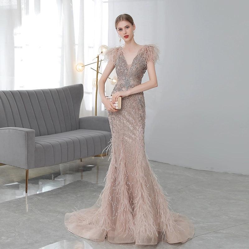 Vestido de noche sexy para mujer, estilo sirena con cuentas, vestido largo de fiesta con escote en V. 