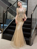 Women's Mermaid Evening Dress V-Neck Prom Dresses Beaded Formal Dresses for Women