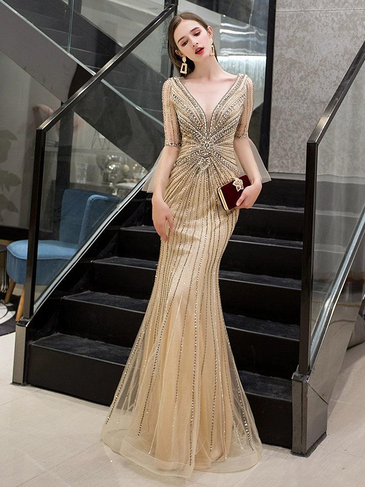Women's Mermaid Evening Dress V-Neck Prom Dresses Beaded Formal Dresses for Women