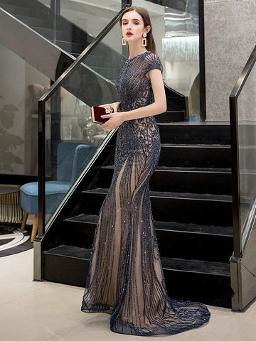 Vestido de noche largo de sirena para mujer, sexy, sin mangas, con cuentas, ideal para fiestas y eventos formales. 