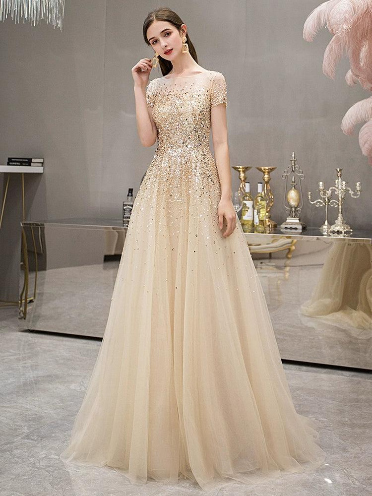 Vestido de noche dorado, elegante y de alta calidad, largo de fiesta. 