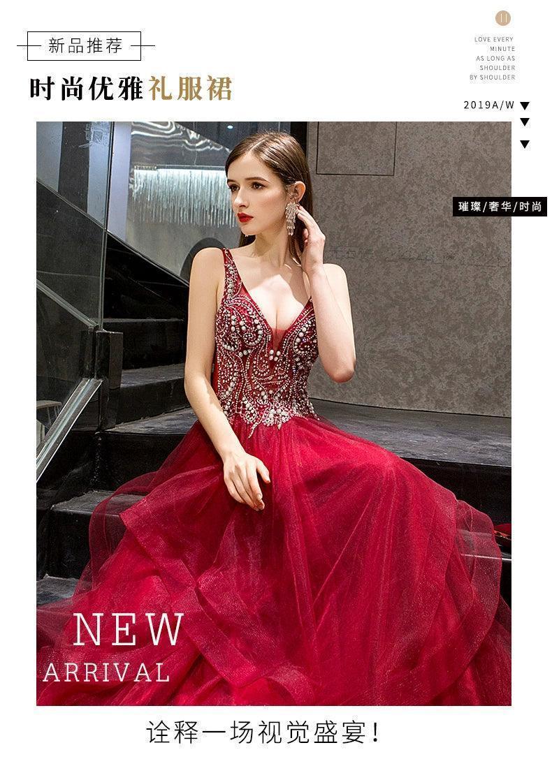 Robe de soirée trapèze sexy à col en V pour femme, tenue de bal ornée de perles 